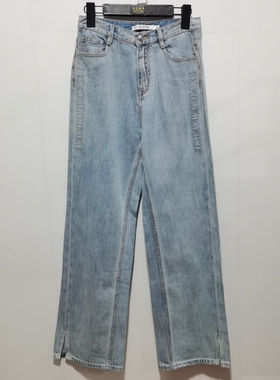 伊华O去标撤柜春秋装中腰美式复古开叉浅牛仔蓝直筒女牛仔裤7173