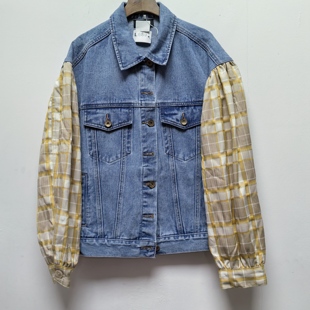 2025秋冬新款 格子拼接牛仔外套女宽松显瘦百搭夹克上衣L689