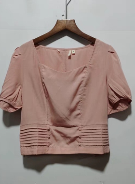 艺品牌去标方领法式短袖t恤小众上衣泡泡袖短袖锁骨修身夏L2N021