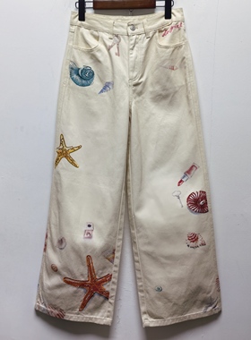 D系列去标2026春夏新品海洋手绘海星印花刺绣白色女士牛仔裤DD22