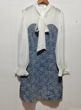 歌LY去标连衣裙款新韩版显瘦百搭别致牛仔提花拼接112R4J1N0微瑕