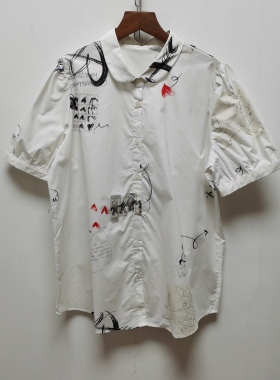 无标女士夏宽松印花复古通勤短袖休闲时尚短袖泡泡袖纯棉衬衫P200