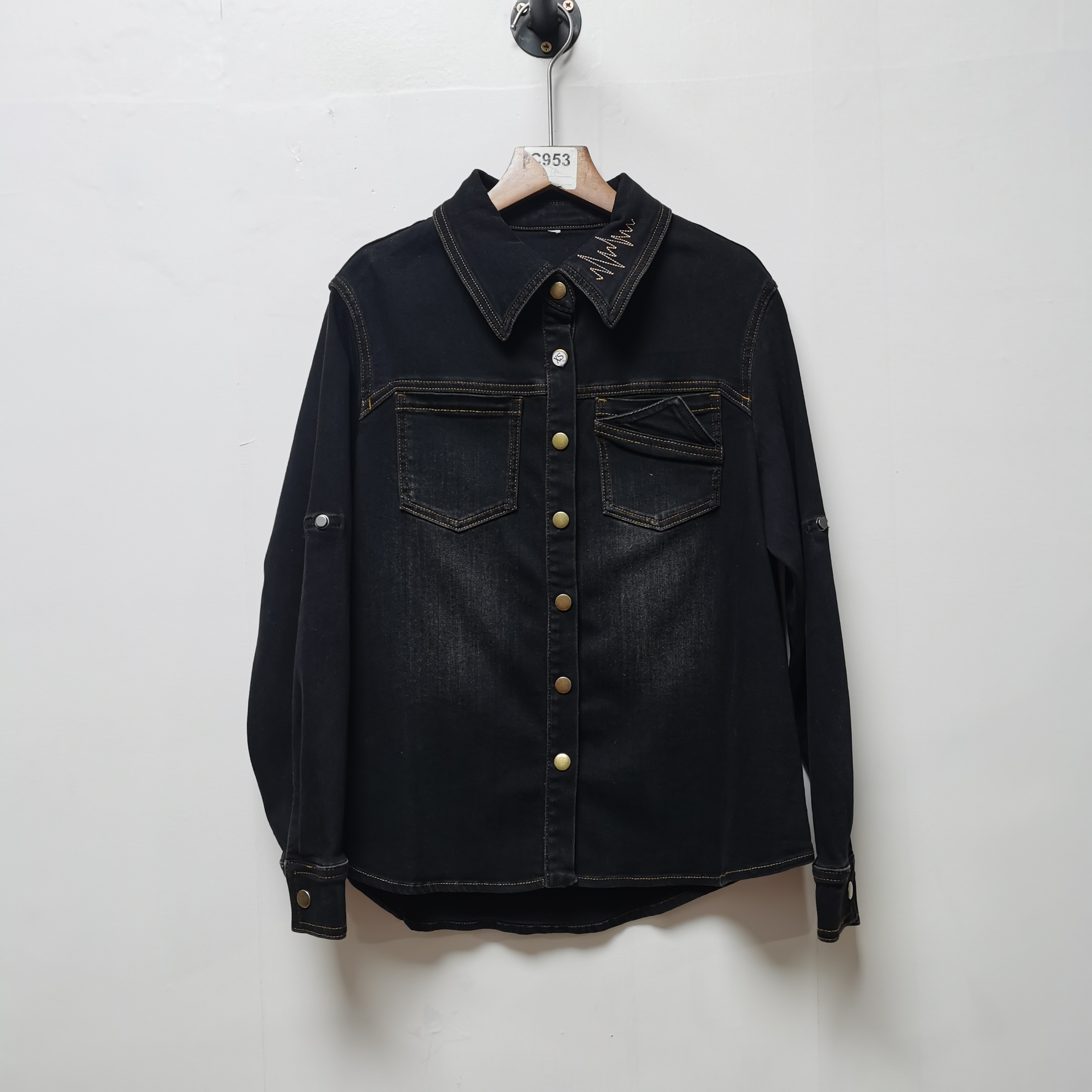 【M】设计感复古翻领长袖牛仔衬衫冬季时尚百搭叠穿外套上衣5104