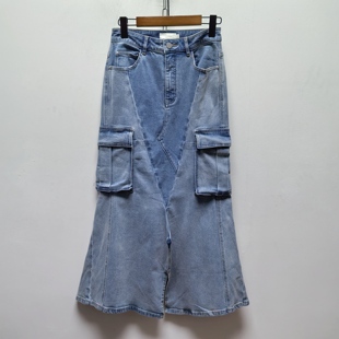 风开衩中长款 多口袋休闲工装 牛仔半身裙女C613 衣春夏直筒修身 芮版