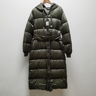麦换标90鸭绒蓬松保暖时髦系带收腰中长款 连帽休闲百搭羽绒服B350