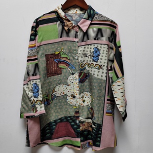 M春夏薄款 复古文艺印花翻领七分袖 衬衫 宽松女士衬衣P563 新款