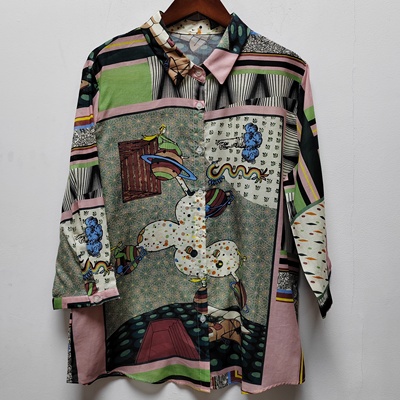 M春夏薄款新款复古文艺印花翻领七分袖衬衫宽松女士衬衣P563