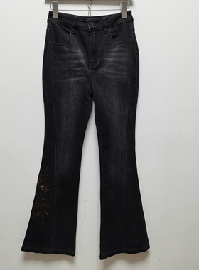 西班牙去标撤柜春秋款长裤花朵钉珠刺绣微喇水洗弹力女牛仔裤D06