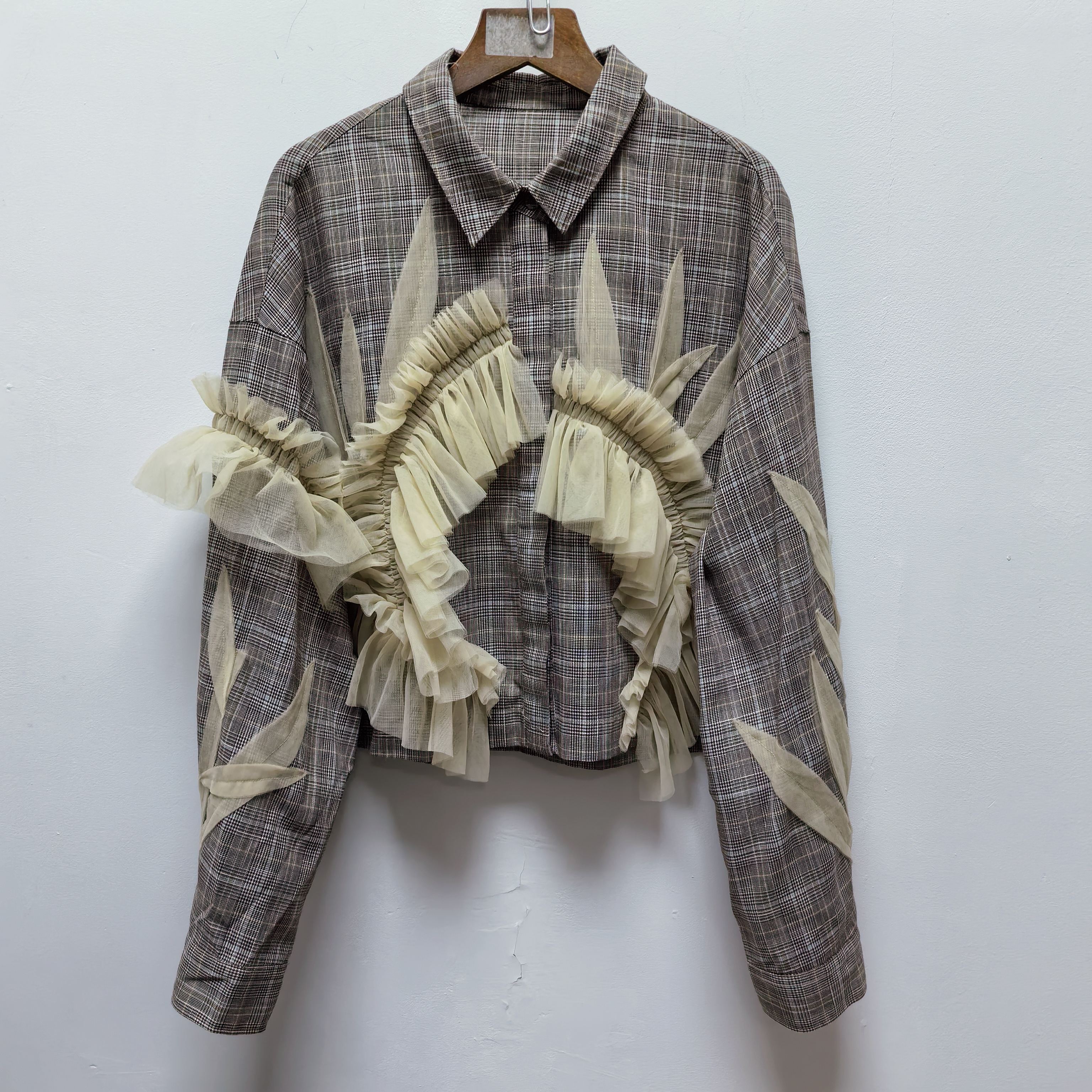 M系列去标短款拼接网纱衬衫长袖女2025秋新品特色造型感衬衣1171