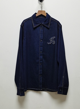 去标深蓝色刺绣复古软牛仔衬衫女士秋冬2025新款叠穿外搭上衣M233
