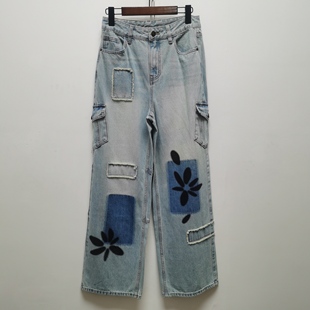 牛仔裤 西班牙D去标2025春新品 子女式 裤 D359 花朵贴布休闲直筒长款