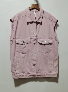 尤工装T牛仔马夹做旧粉色无袖背心外套女新款休闲复古马甲上衣851