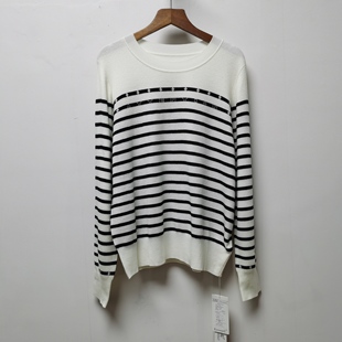 蚕丝羊毛横细条纹春秋圆领外穿打底衫宽松休闲针织毛衣针织衫3939