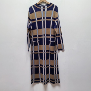 长款 2025冬季 过膝长袖 复古格纹针织连衣裙女款 显瘦气质裙P745 新款