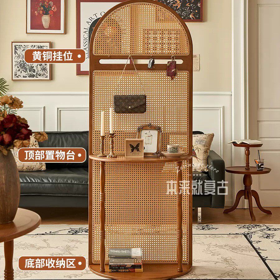 法式复古实木藤编屏风隔断客厅入户进门遮挡玄关柜现代简约置物架