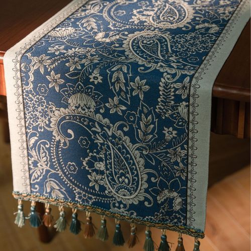 工厂直供美式长条流苏桌旗蓝色提花佩斯利茶旗电视柜餐桌婚礼装饰