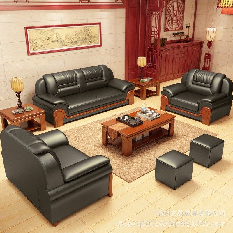 办公沙发新中式沙发商务接待皮艺沙发单人位三人位办公室会客沙发