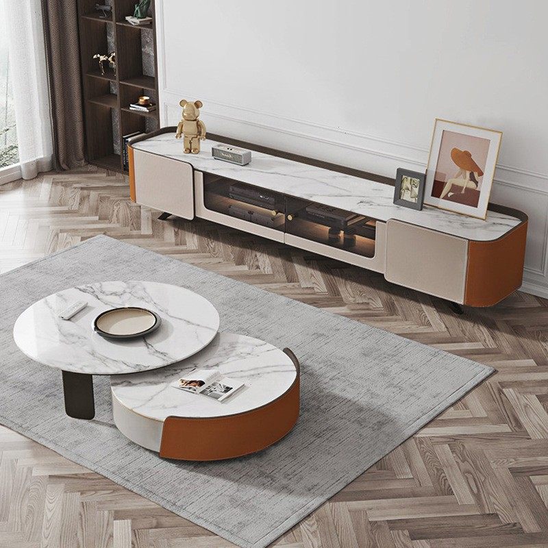 马鞍皮成套茶几电视柜组合大小圆皮质茶几客厅现代茶几简约电视柜