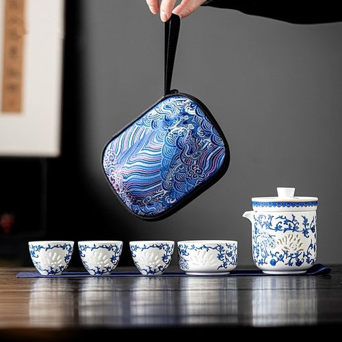 青花玲珑羊脂玉瓷旅行茶具套装缠枝莲户外便携式快客杯一壶四杯
