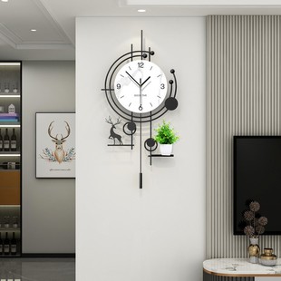 现代简约置物架钟表客厅高级感家用装饰挂钟创意免打孔时钟表挂墙