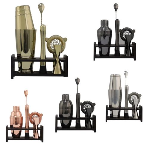 304不锈钢美式波士顿6件套酒吧调酒器收纳架鸡尾酒调酒木架套件