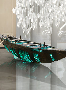 不锈钢金属船雕塑定制艺术装置饰品售楼处酒店大堂流水景落地摆件