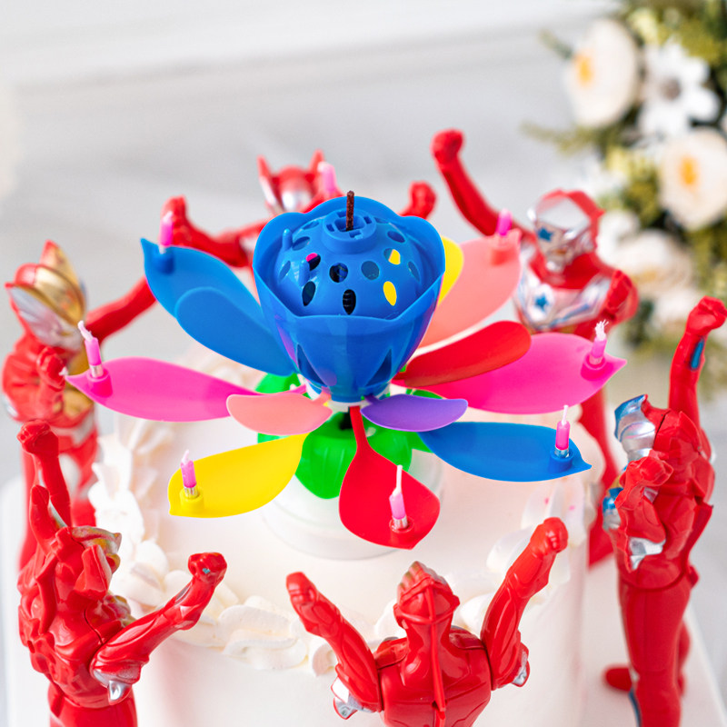 网红莲花灯蛋糕装饰摆件旋转音乐荷花蜡烛创意生日甜品台烘焙装扮