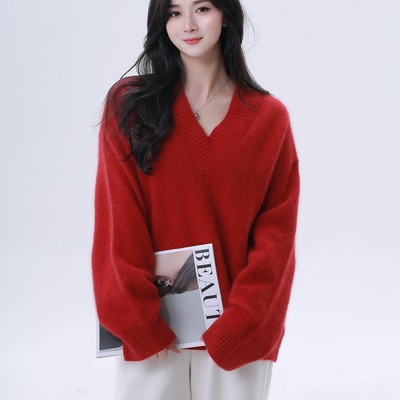 现货浣熊绒V领毛衣气质温柔百搭