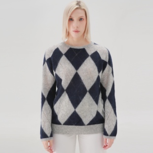 ease the label【马海毛圆领格纹毛衣】复古时尚显瘦百搭套头针织