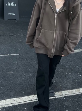 ease the label【加绒牛仔裤高腰】设计感黑色直筒裤薄绒显瘦长裤