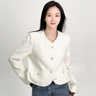 ease the label【珍珠扣粗花呢外套】短款V领珍珠点缀高级吸睛