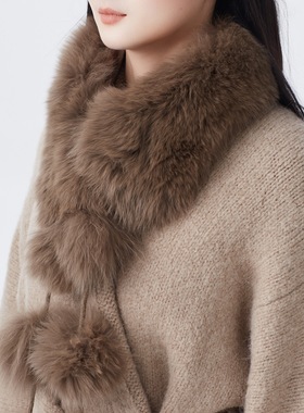 ease the label【中长款狐毛领羊驼毛外套】保暖显瘦系带毛衣外套