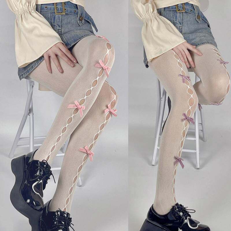 Women Lolita White Fishnet Pantyhose Cream Color Velvet Bow