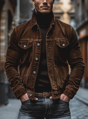 New men's corduroy long sleeved striped lapel jacket jac