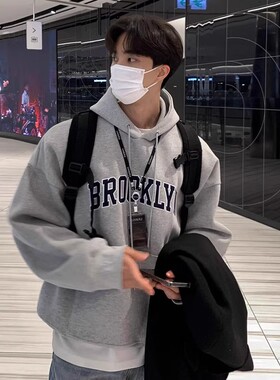 纯棉重磅美式潮牌痞帅日系宽松加绒加厚连帽卫衣男装秋冬休闲外套