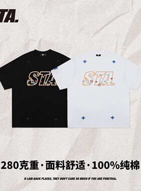 STA[数码小花]国潮280克重磅复古街头纯棉圆领夏季半袖男短袖t恤