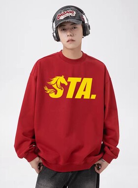 STA休闲马头字母印花圆领卫衣男女宽松百搭套头衫马年上衣外套
