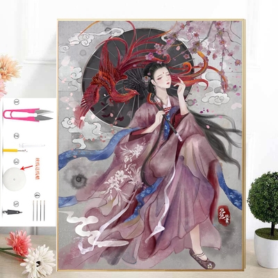 新品凤凰泪印花十字绣2020新款丝线绣古风人物动漫手工自己绣小件