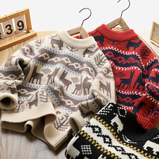 棉羊绒男童加厚提花针织套头衫儿童休闲圆领毛衣新年款秋冬亲子装