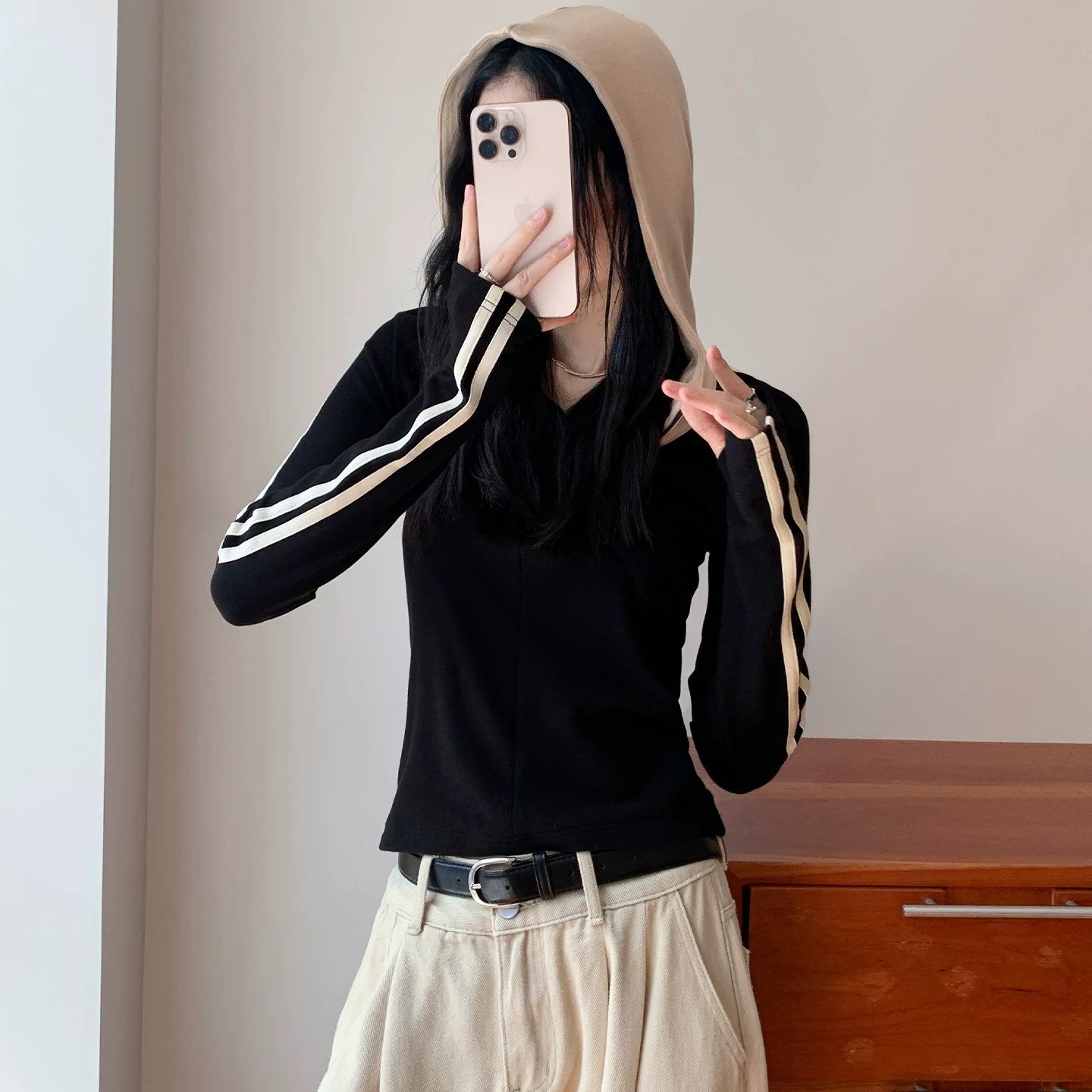 美式拉链半开领运动风连帽长袖T恤女款秋季休闲修身显瘦卫衣上衣