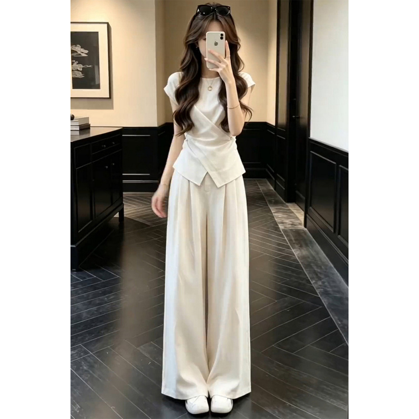 高级感时尚休闲套装女夏季短袖收腰显瘦宽松阔腿裤运动两件套韩系