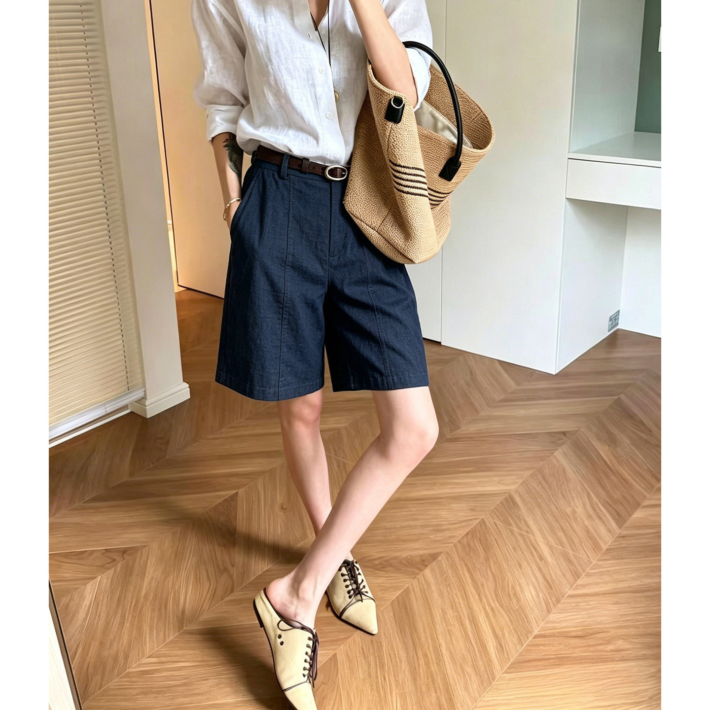 老钱风亚麻西装短裤女夏季新款莱赛尔阔腿五分裤天丝棉麻直筒中裤