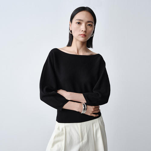 Dekashell/迪卡轩2025秋季新款通勤风大圆领黑色长袖女士针织衫