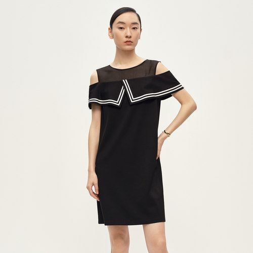 Dekashell/迪卡轩2025夏季新款撞色织带中长款连衣裙女露肩小黑裙
