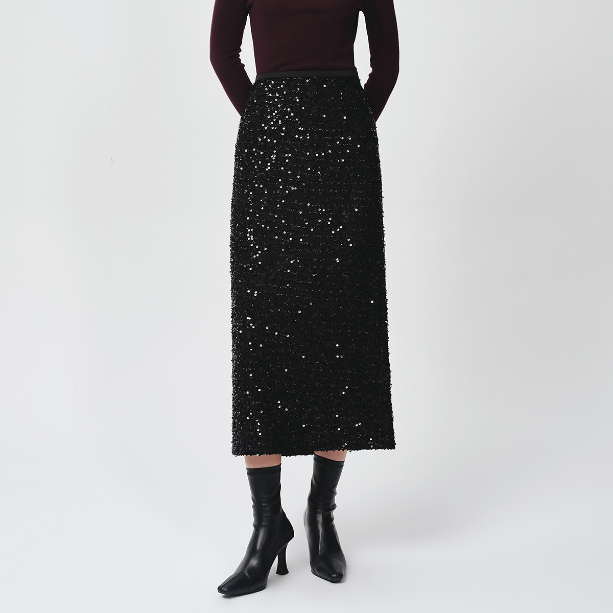 Dekashell/迪卡轩2025冬季新款亮片半身裙女中长款高腰包臀裙