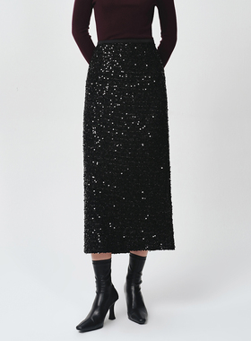 Dekashell/迪卡轩2025冬季新款亮片半身裙女中长款高腰包臀裙