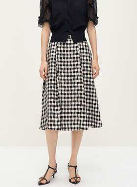 Dekashell/迪卡轩2025夏季新款中长款过膝黑色格子半身裙女A字裙