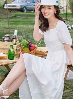 【清仓价】Dekashell/迪卡轩夏超仙气显瘦高腰方领白色连衣裙子女