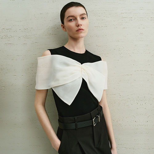 Dekashell/迪卡轩2026夏季新款蝴蝶结露肩拼接针织衫女上衣