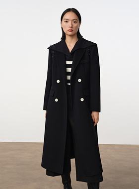 Dekashell/迪卡轩2025冬季新款双排扣大衣女长款翻领毛呢外套dp